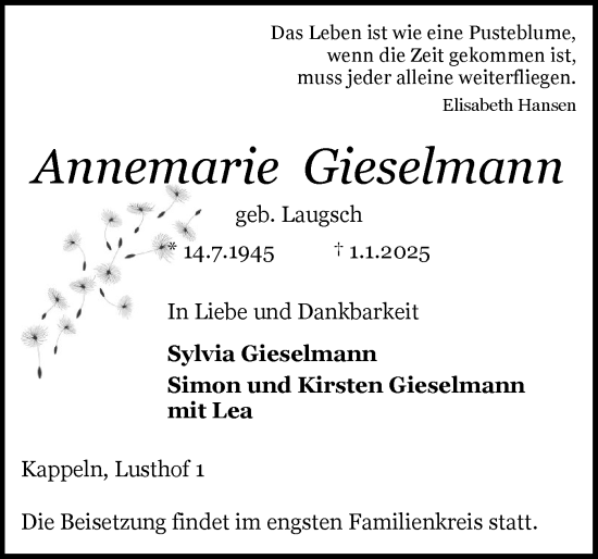 Traueranzeige von Annemarie Gieselmann von Schleswiger Nachrichten, Schlei-Bote