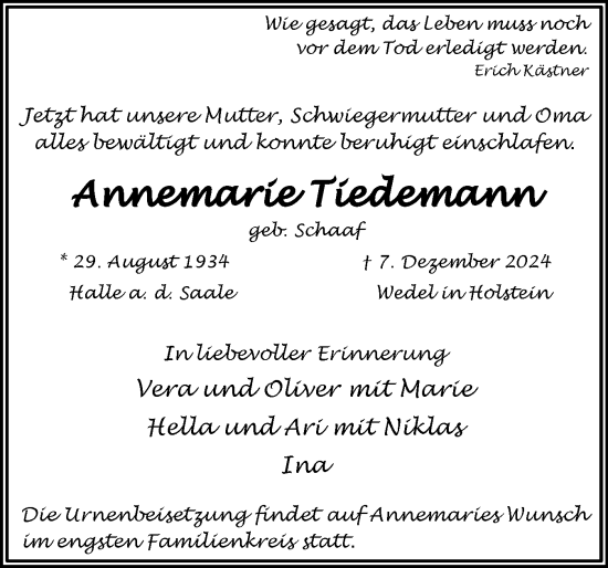 Traueranzeige von Annemarie Tiedemann von Wedel-Schulauer Tageblatt, tip Wedel-Schulauer Tageblatt, tip Rissener Rundschau