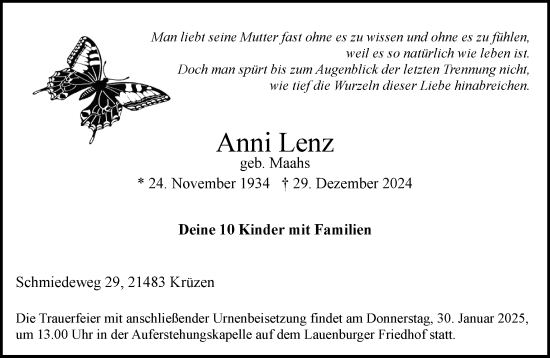 Traueranzeige von Anni Lenz von Wochenend Anzeiger