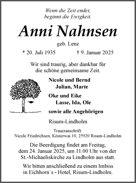 Traueranzeige von Anni Nahnsen von Husumer Nachrichten, Nordfriesland Tageblatt