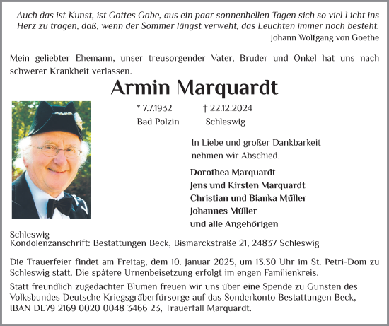 Traueranzeige von Armin Marquardt von Schleswiger Nachrichten, Schlei-Bote