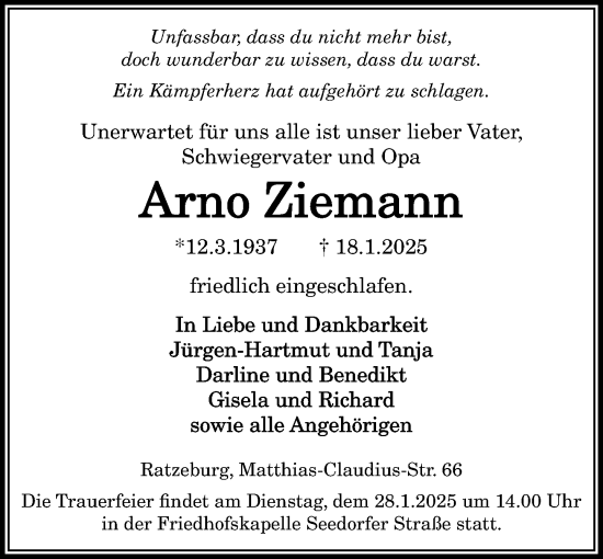 Traueranzeige von Arno Ziemann von MARKT Ratzeburg/Mölln