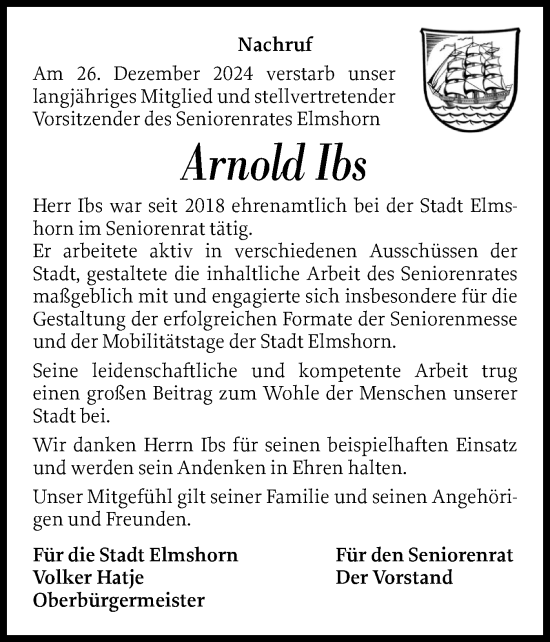 Traueranzeige von Arnold Ibs von Elmshorner Nachrichten, Barmstedter Zeitung