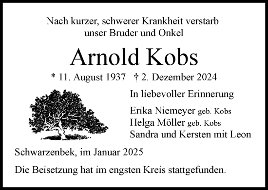 Traueranzeige von Arnold Kobs von Wochenend Anzeiger
