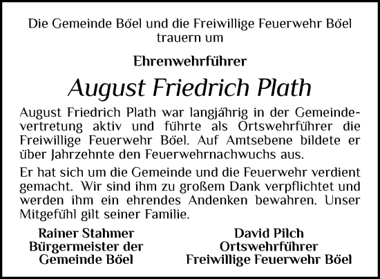 Traueranzeige von August Friedrich Plath von Schleswiger Nachrichten, Schlei-Bote