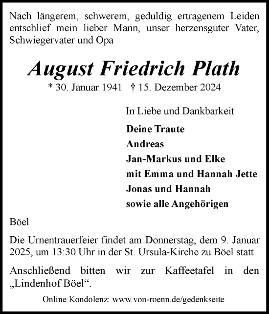 Traueranzeige von August Friedrich Plath von Schleswiger Nachrichten, Schlei-Bote