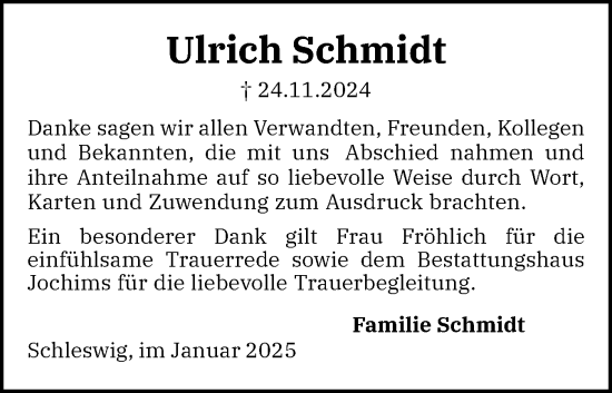 Traueranzeige von Ulrich Schmidt von Schleswiger Nachrichten, Schlei-Bote