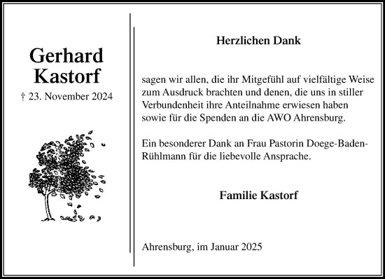 Traueranzeige von Gerhard Kastorf von MARKT Ahrensburg/ Bargteheide/ Trittau und Stormarner Tageblatt