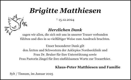 Traueranzeige von Brigitte Matthiesen von Sylter Rundschau