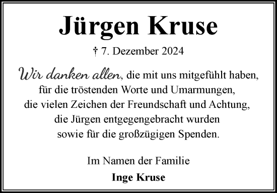 Traueranzeige von Jürgen Kruse von Flensburger Tageblatt
