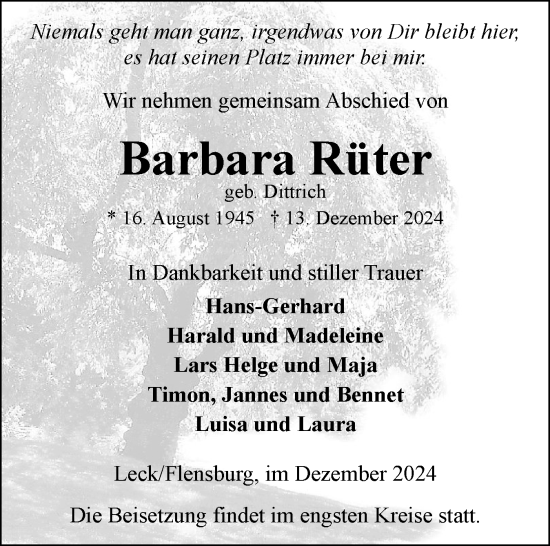 Traueranzeige von Barbara Rüter von Husumer Nachrichten, Nordfriesland Tageblatt