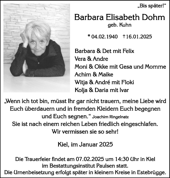 Traueranzeige von Barbara Elisabeth Dohm von Schleswig-Holsteinische Landeszeitung