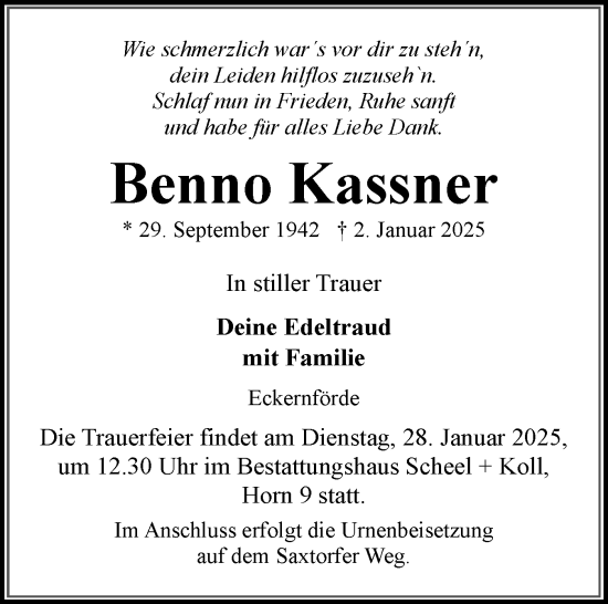 Traueranzeige von Benno Kassner von Eckernförder Zeitung, Hallo Eckernförde