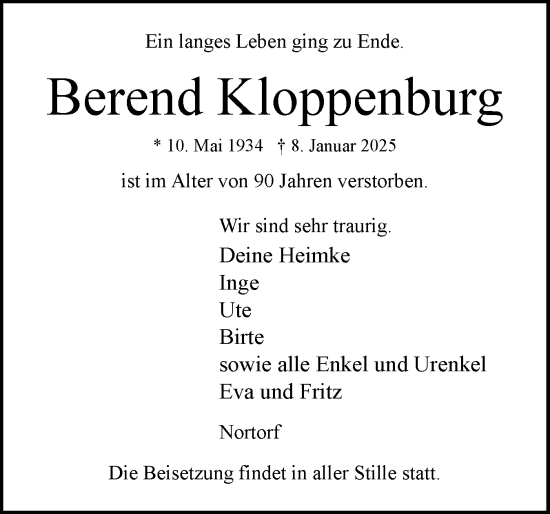 Traueranzeige von Berend Kloppenburg von Norddeutsche Rundschau, Wilstersche Zeitung, Glückstädter Fortuna