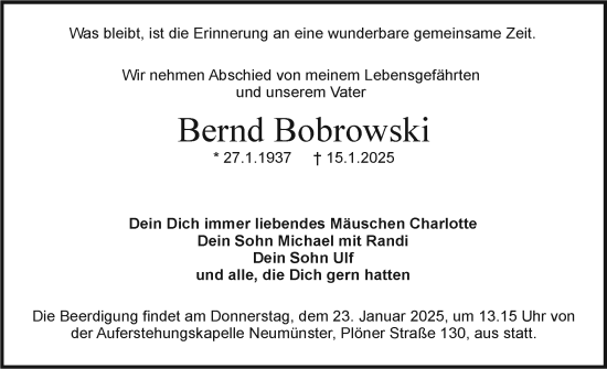 Traueranzeige von Bernd Bobrowski von Holsteinischer Courier
