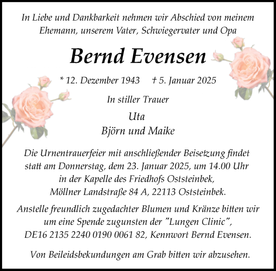 Traueranzeige von Bernd Evensen von MARKT Glinde/Reinfeld