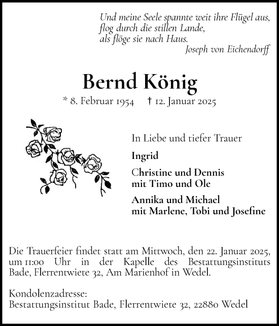 Traueranzeige von Bernd König von Wedel-Schulauer Tageblatt, tip Wedel-Schulauer Tageblatt, tip Rissener Rundschau