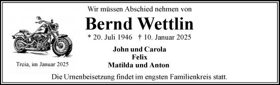 Traueranzeige von Bernd Wettlin von Schleswiger Nachrichten, Schlei-Bote