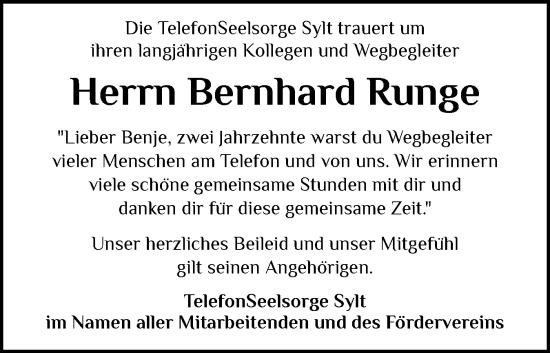 Traueranzeige von Bernhard Runge von Sylter Rundschau
