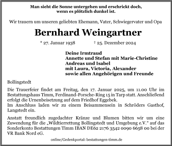 Traueranzeige von Bernhard Weingartner von Flensburger Tageblatt, Schleswiger Nachrichten, Schlei-Bote