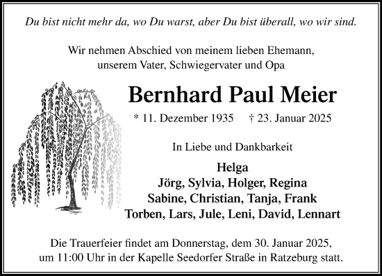 Traueranzeige von Bernhard Paul Meier von MARKT Ratzeburg/Mölln