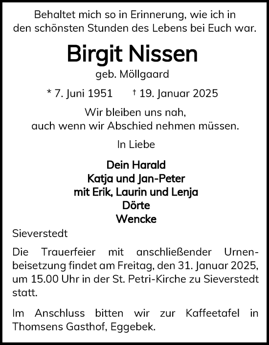 Traueranzeige von Birgit Nissen von Flensburger Tageblatt