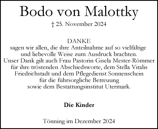 Traueranzeige von Bodo von Malottky von Husumer Nachrichten, Nordfriesland Tageblatt