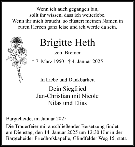 Traueranzeige von Brigitte Heth von MARKT Ahrensburg/Bargteheide/Trittau und Stormarner Tageblatt