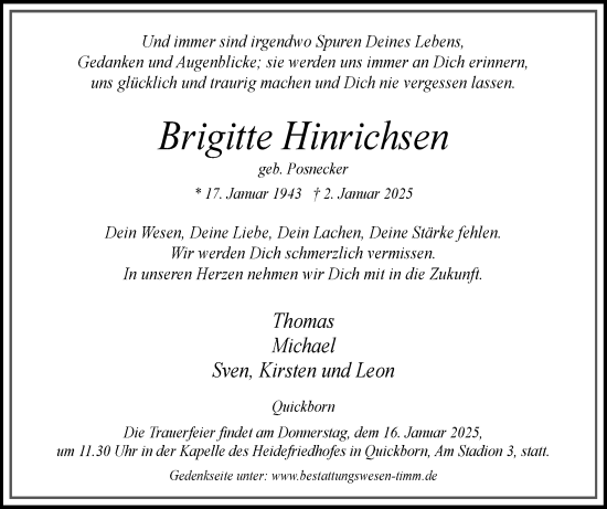 Traueranzeige von Brigitte Hinrichsen von Region Pinneberg und tip Pinneberg