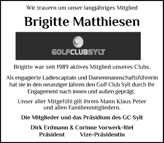 Traueranzeige von Brigitte Matthiesen von Sylter Rundschau