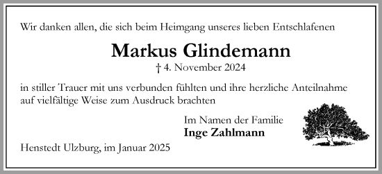 Traueranzeige von Markus Glindemann von Norddeutsche Rundschau, Wilstersche Zeitung, Glückstädter Fortuna