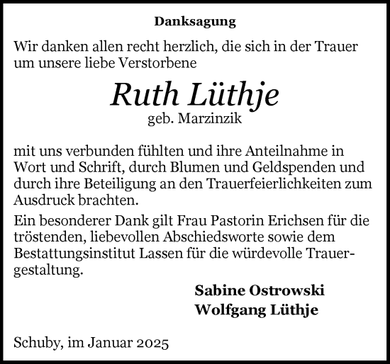 Traueranzeige von Ruth Lüthje von Schleswiger Nachrichten, Schlei-Bote