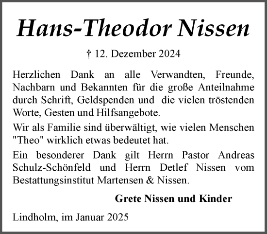 Traueranzeige von Hans-Theodor Nissen von Husumer Nachrichten, Nordfriesland Tageblatt