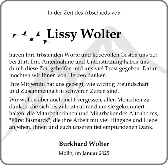 Traueranzeige von Lissy Wolter von MARKT Ratzeburg/ Mölln