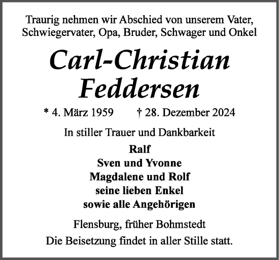 Traueranzeige von Carl-Christian Feddersen von Husumer Nachrichten, Nordfriesland Tageblatt