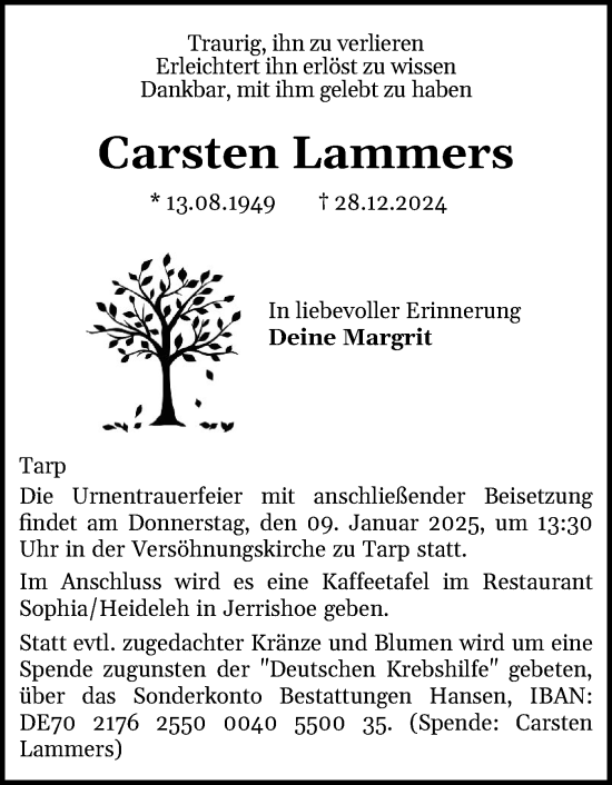 Traueranzeige von Carsten Lammers von Region Flensburg
