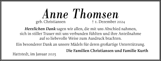 Traueranzeige von Anne Thomsen von Husumer Nachrichten, Nordfriesland Tageblatt