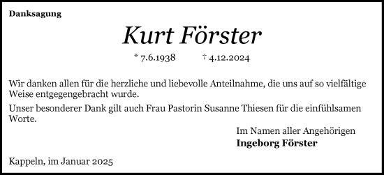 Traueranzeige von Kurt Förster von Schleswiger Nachrichten, Schlei-Bote