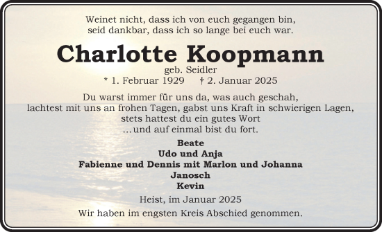Traueranzeige von Charlotte Koopmann von Uetersener Nachrichten, Der tip am Wochenende