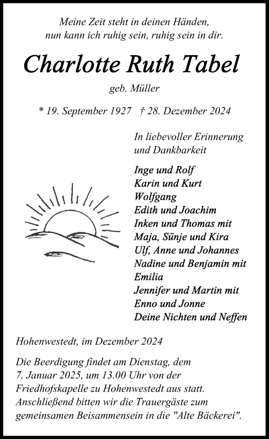 Traueranzeige von Charlotte Ruth Tabel von Schleswig-Holsteinische Landeszeitung