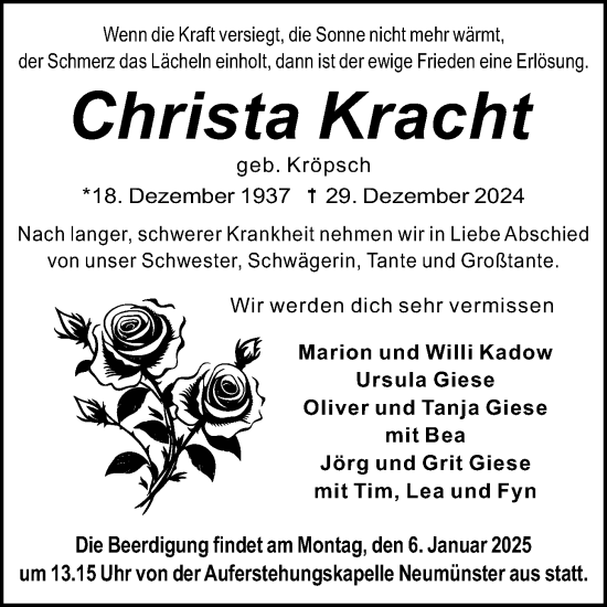 Traueranzeige von Christa Kracht von Holsteinischer Courier