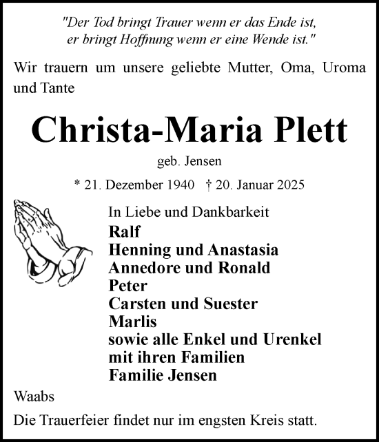 Traueranzeige von Christa-Maria Plett von Eckernförder Zeitung, Hallo Eckernförde