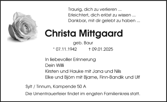 Traueranzeige von Christa Mittgaard von Sylter Rundschau