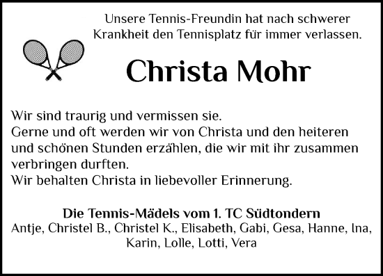 Traueranzeige von Christa Mohr von Region Westküste