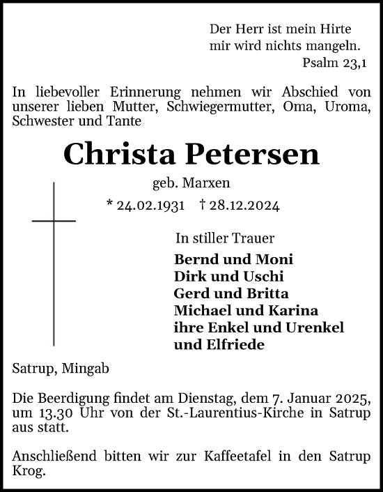 Traueranzeige von Christa Petersen von Flensburger Tageblatt