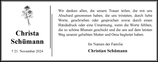 Traueranzeige von Christa Schümann von MARKT Bad Oldesloe/Reinfeld und Stormarner Tageblatt