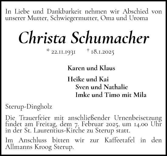 Traueranzeige von Christa Schumacher von Flensburger Tageblatt