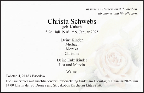 Traueranzeige von Christa Schwebs von Wochenend Anzeiger