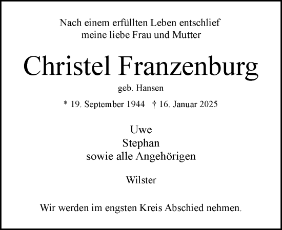 Traueranzeige von Christel Franzenburg von Norddeutsche Rundschau, Wilstersche Zeitung, Glückstädter Fortuna