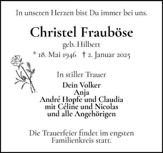 Traueranzeige von Christel Frauböse von Wedel-Schulauer Tageblatt, tip Wedel-Schulauer Tageblatt, tip Rissener Rundschau